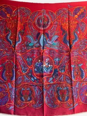 Hermes Silk Scarf Paris La Charmante Animaux Red Violet Purple Orange Blue Genie